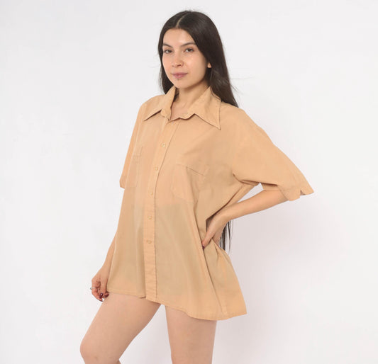70s JC Penney Tan Button Front Camp Collar Shirt Short Sleeve Large
