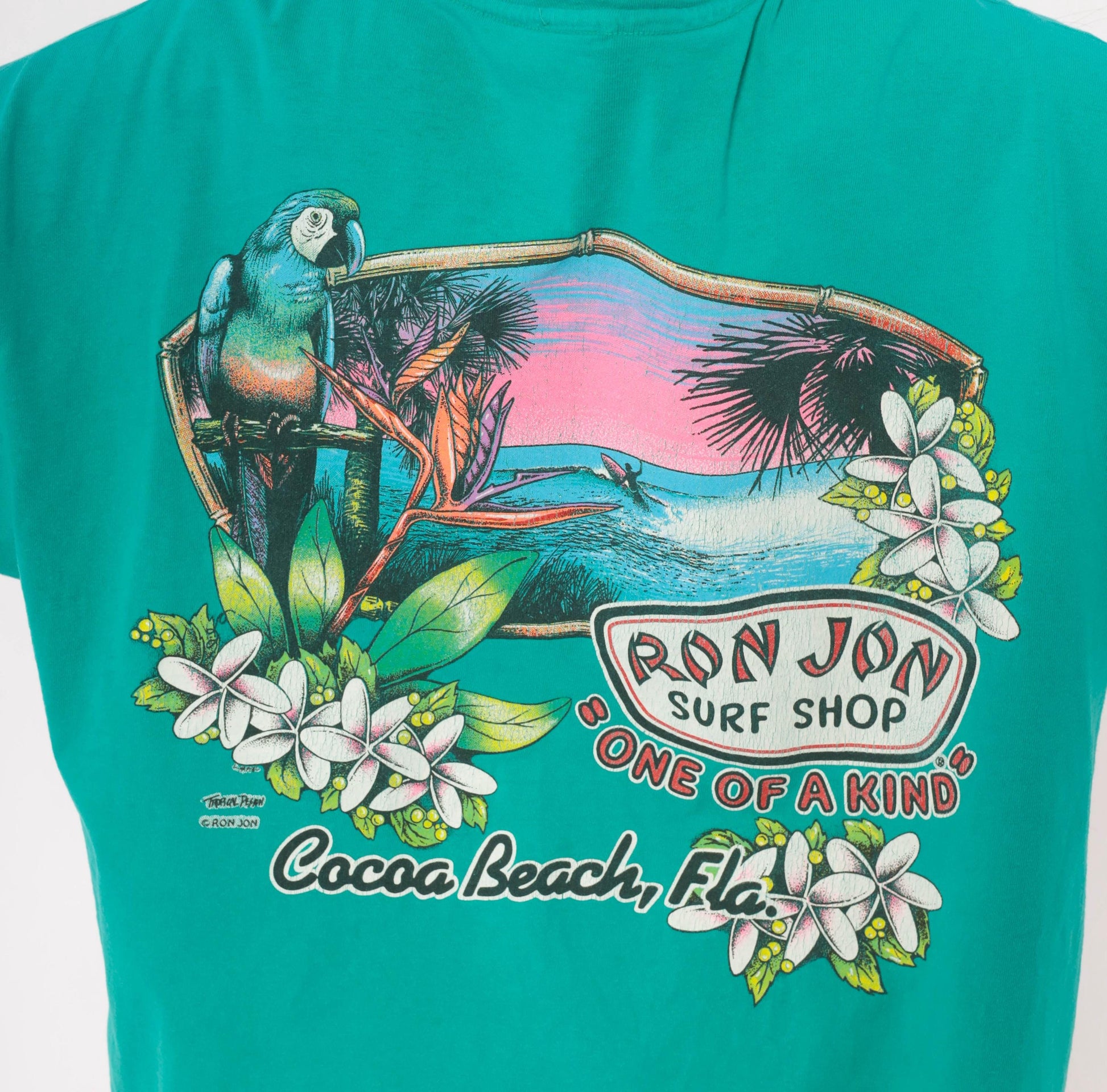 Ron Jon Surf Shop Teal Parrot Graphic Tee Cocoa Beach Florida 00s Medium