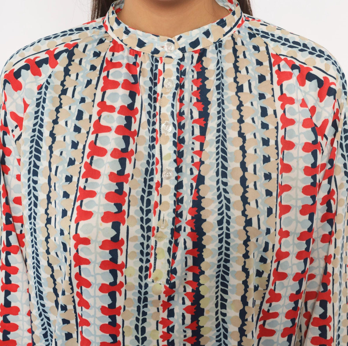 70s Cricket Lane Mandarin Collar Blouse Red Navy Leaf Print Medium