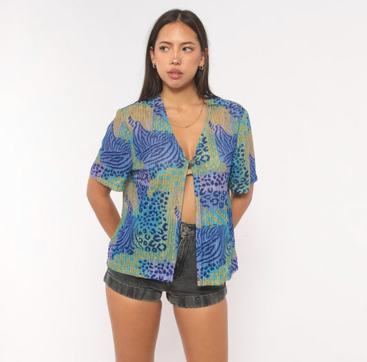 90s Miss Dorby Sheer Mesh Cardigan Tropical Leaf Leopard Print Teal Medium Large