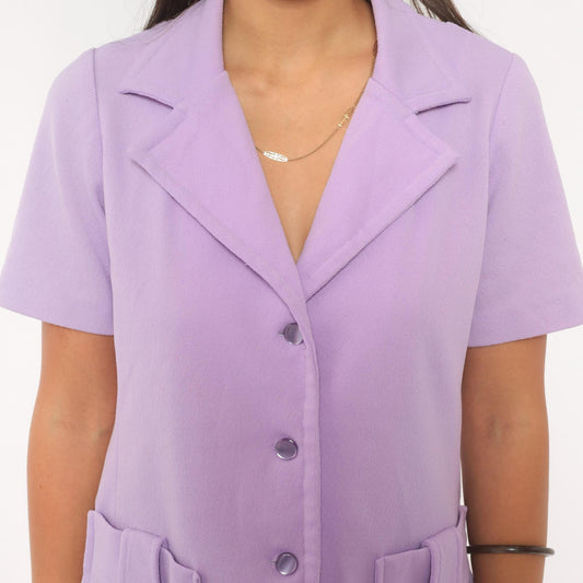 70s Lilac Button Front Blazer Short Sleeve Notched Lapel Fitted Waist Medium