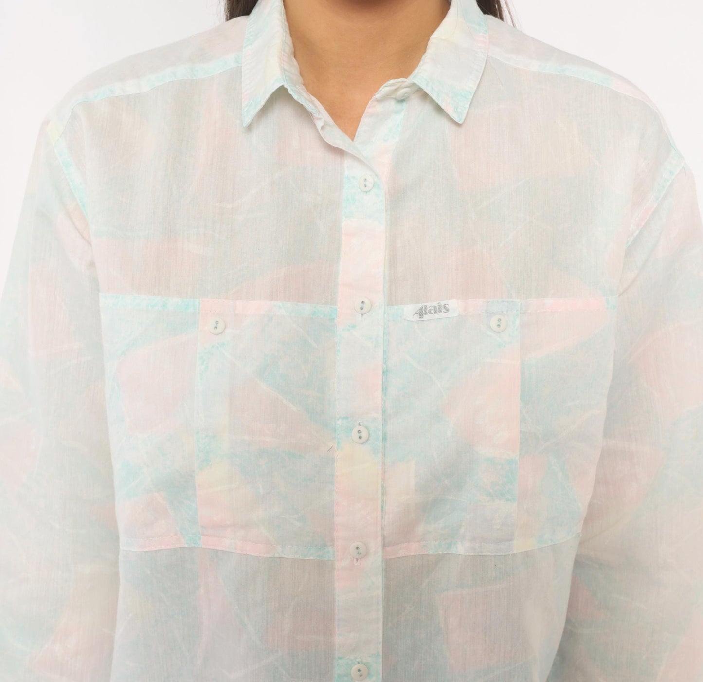 90s Alais Pastel Watercolor Button-Up Blouse Pink Blue Cotton Medium M