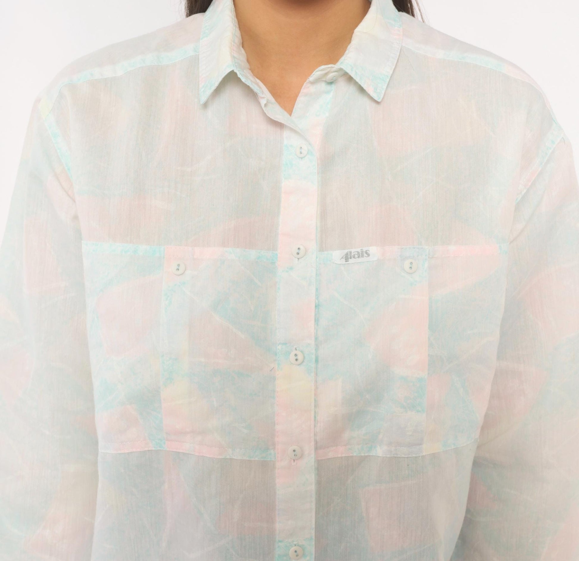 90s Alais Pastel Watercolor Button-Up Blouse Pink Blue Cotton Medium M