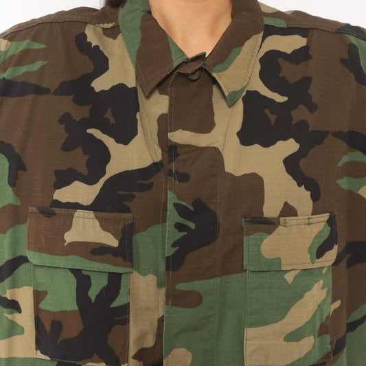 90s Caribbean Needle Point Woodland Camo BDU Jacket Olive Brown Cargo Extra Large
