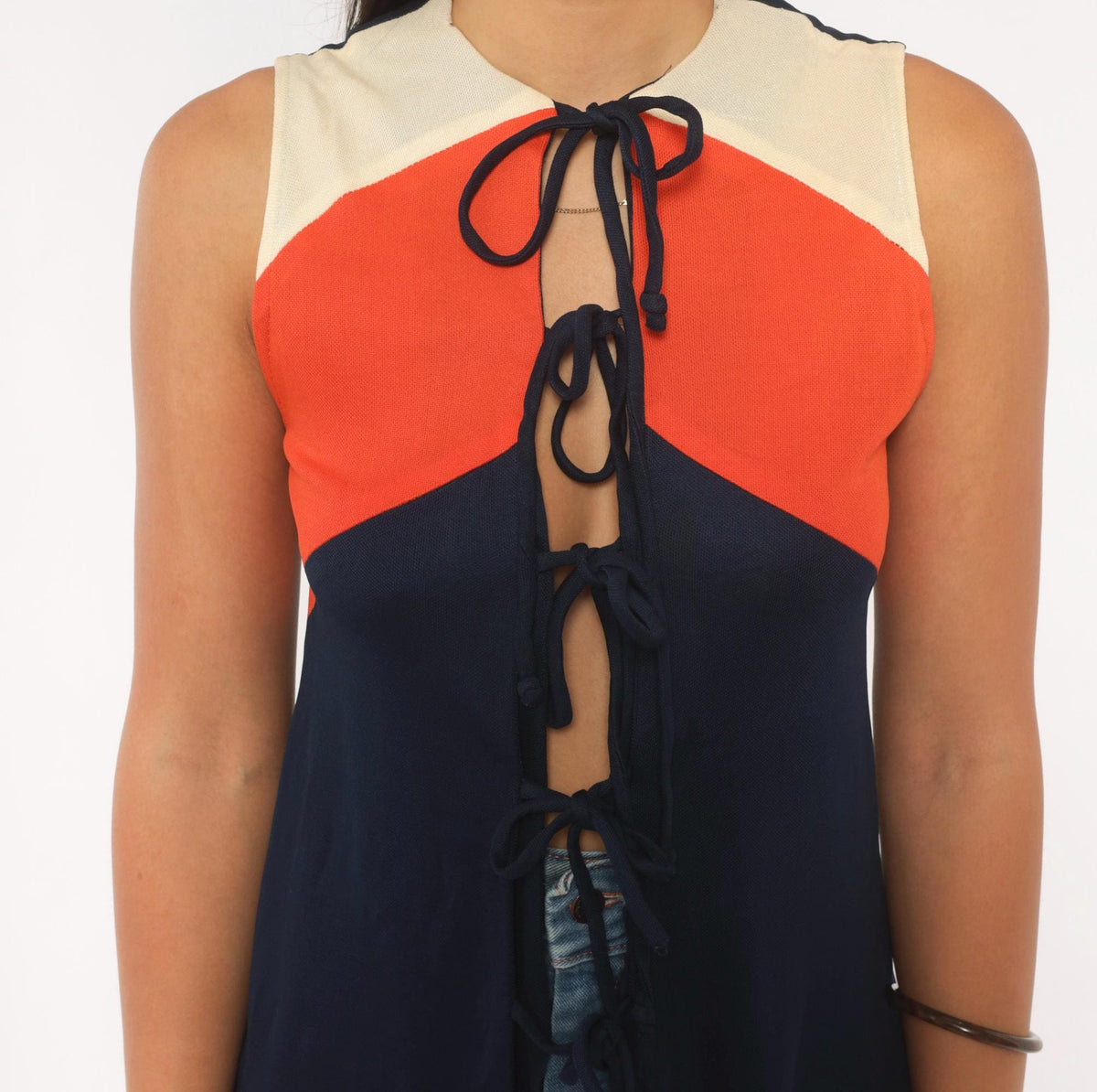 60s Your Own Things Chevron Tie-Front Tunic Vest Navy Cream Coral Mini Small