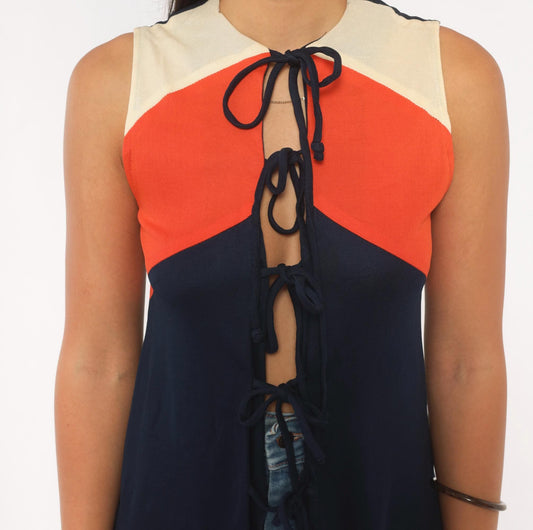 60s Your Own Things Chevron Tie-Front Tunic Vest Navy Cream Coral Mini Small