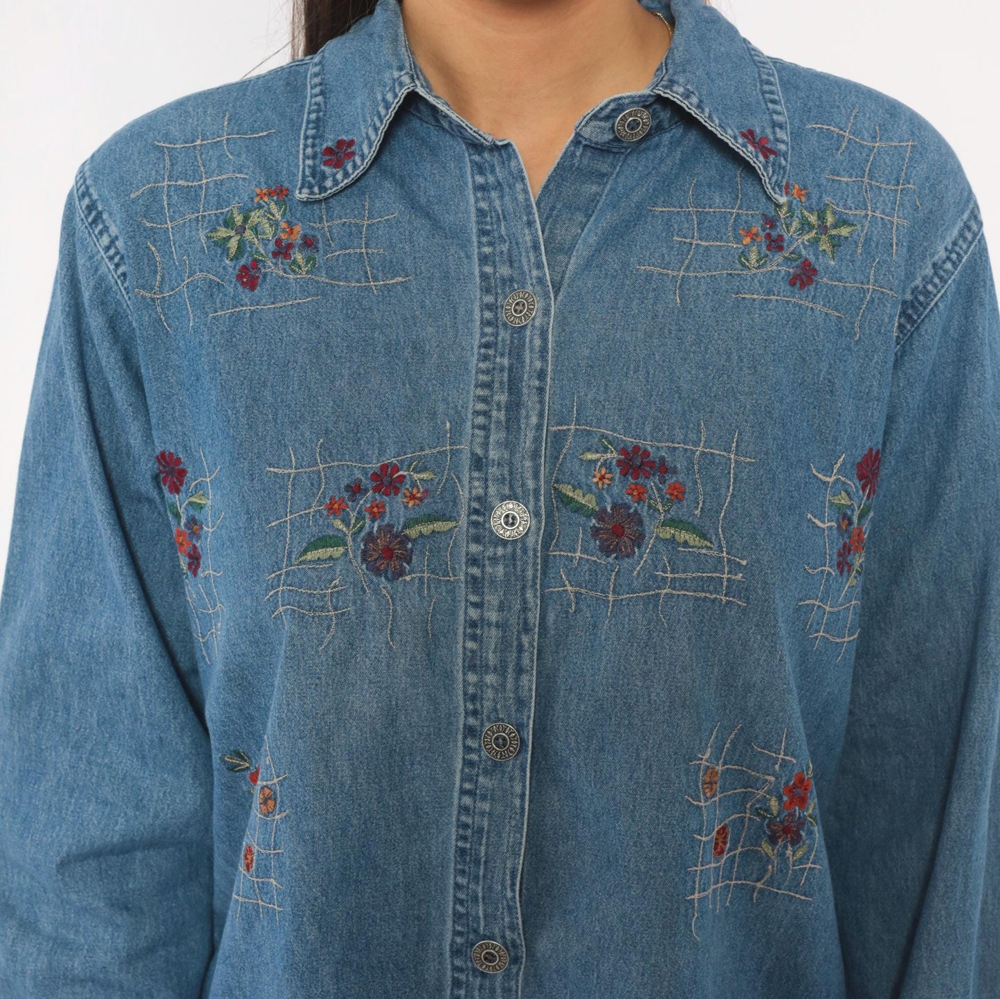 90s Floral Embroidered Denim Shirt Cotton Button-Up Lattice Trellis Large L