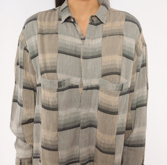90s Goouch Plaid Button-Up Shirt Grey Tan Flannel Medium M
