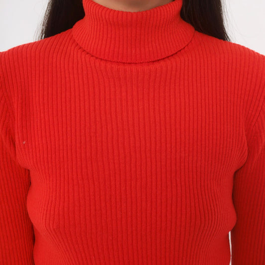 70s Red Ribbed Knit Turtleneck Sweater Fitted Pullover Back Zip Small Medium