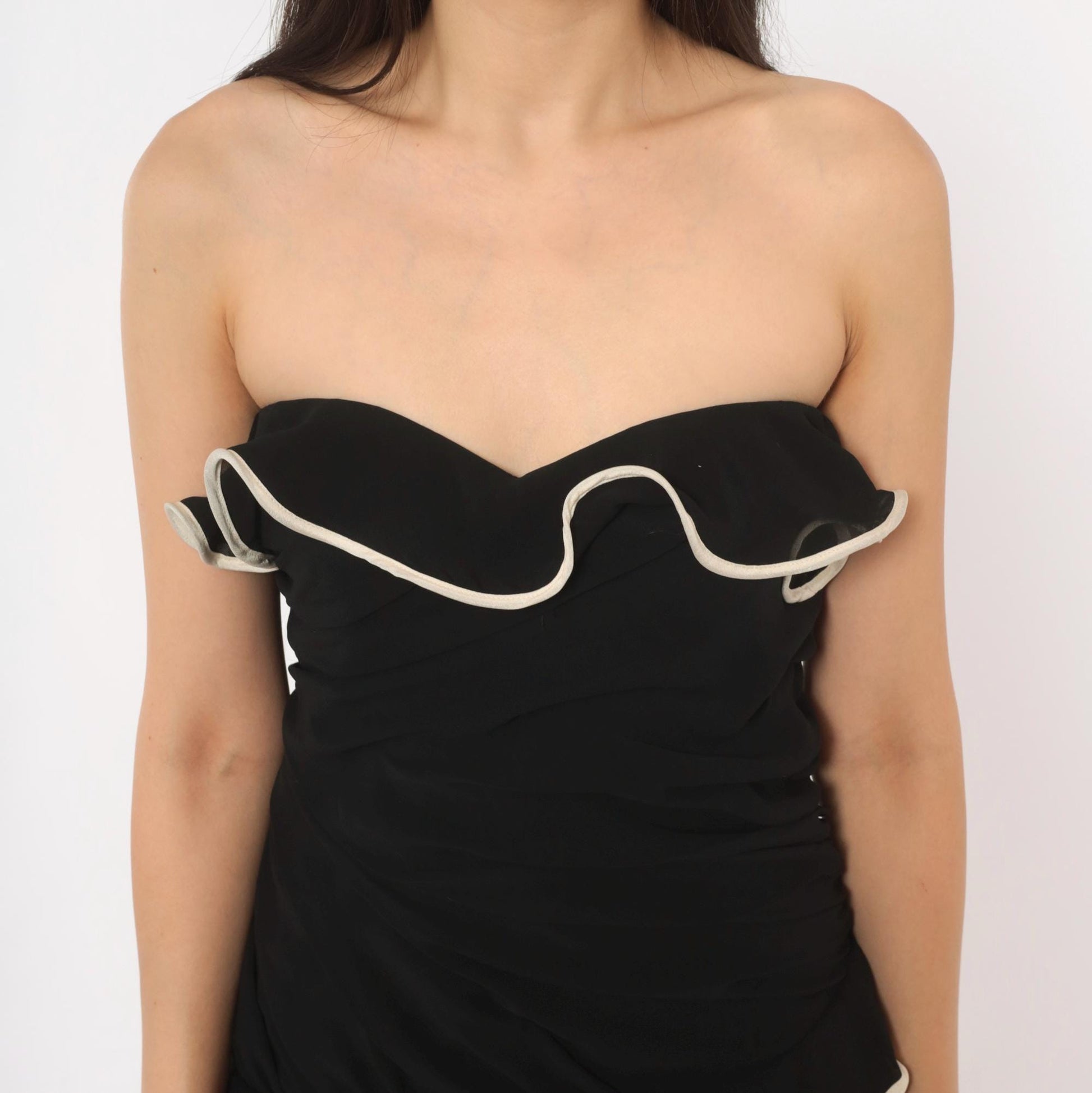 Y2K Black Mini Dress Sweetheart Neckline White Piping Ruched Bustier Medium M
