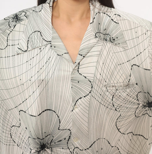 70s Kramers Honolulu Hawaiian Shirt Black Floral Line Art White Plus Size XXL