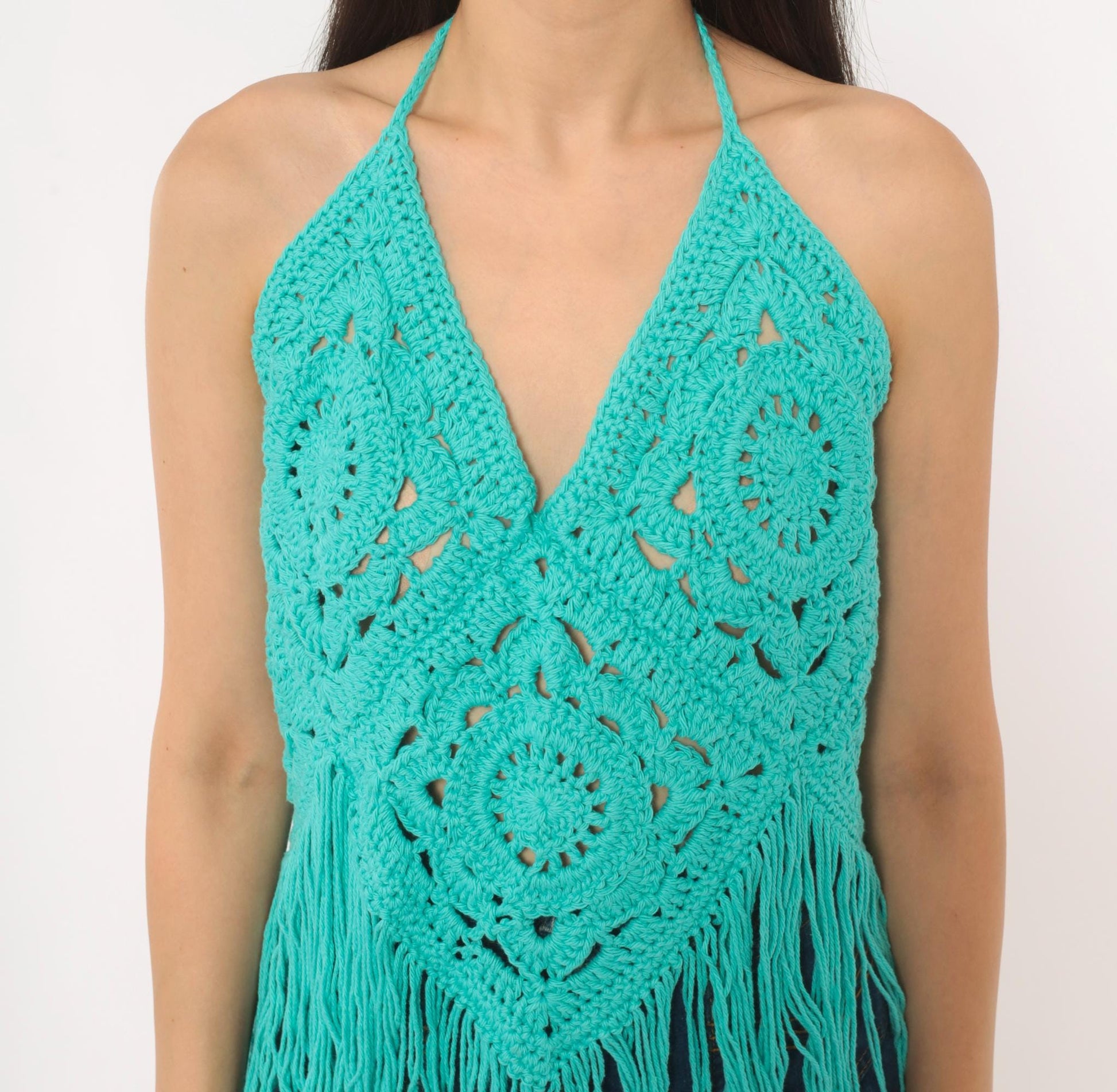 Y2K Teal Crochet Halter Top Granny Square Fringe Cotton Turquoise Small–Large