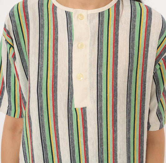 70s Esprit Multicolor Striped Henley Short Sleeve Cotton Shirt Extra Large XL