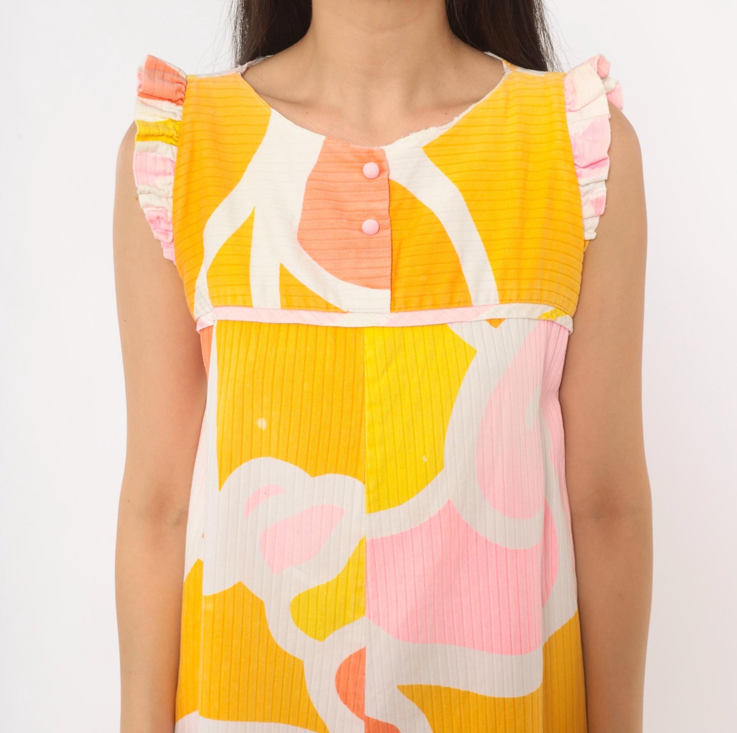70s Andrade Hawaiian Swirl Mini Dress Yellow Pink Orange Ruffle Cap Sleeve Small