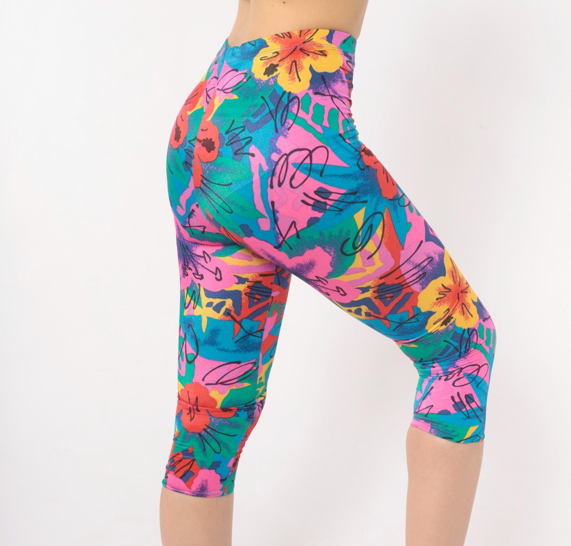 90s Stevi Tropical Floral Capri Leggings Pink Teal Hibiscus High Waist Extra Small XS