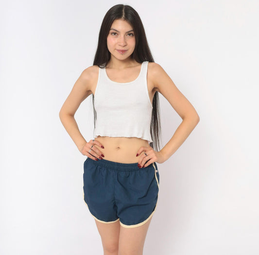 80s Jantzen Navy Running Shorts Cream Piping Dolphin Hem Cotton Medium
