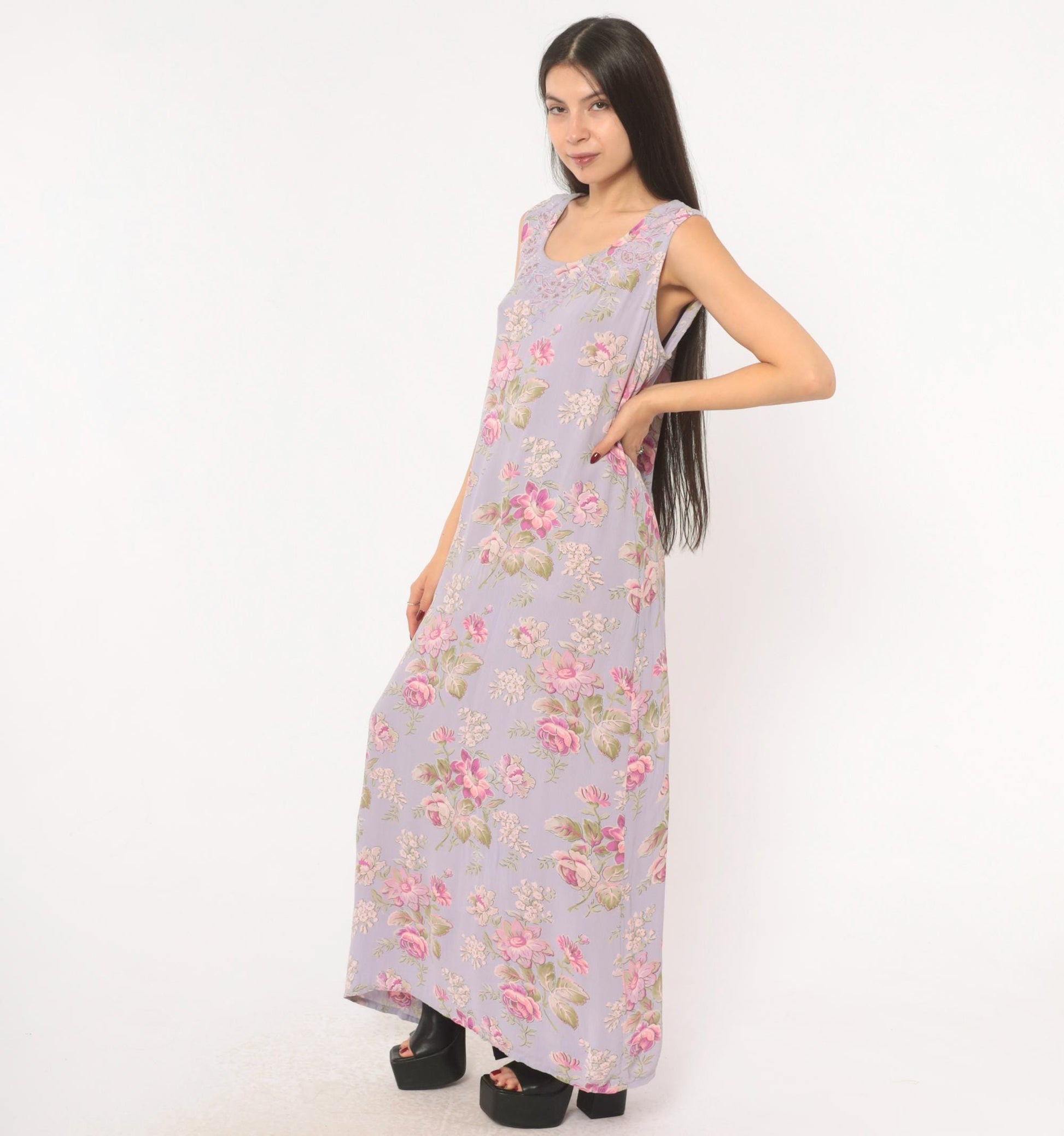 90s April Cornell Lavender Floral Maxi Dress Sequin Lace Scoop Neck Large