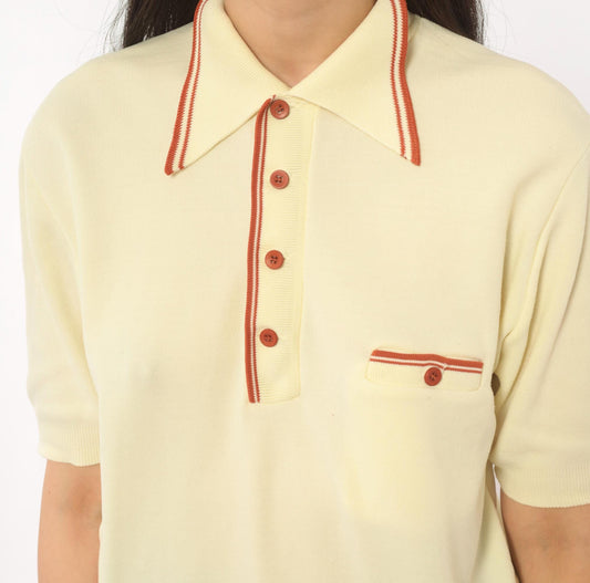 70s Ban Lon Polo Shirt Cream Rust Collar Knit Medium M