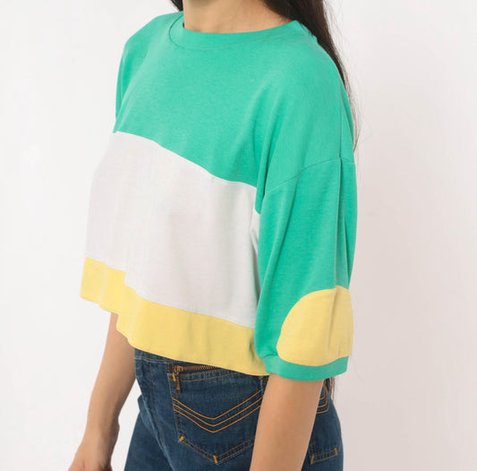 80s Color Block Crop Top Green White Yellow Cotton Medium M
