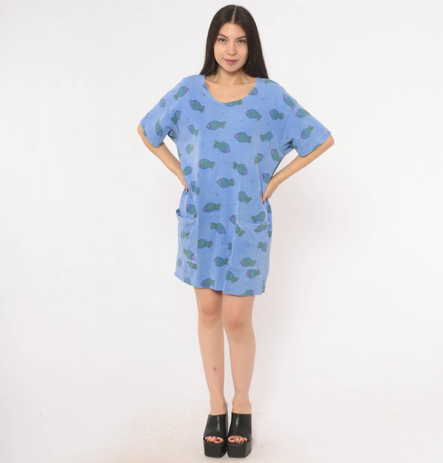 Fresh Produce Fish Print Tunic Dress Periwinkle Cotton Scoop Neck Small