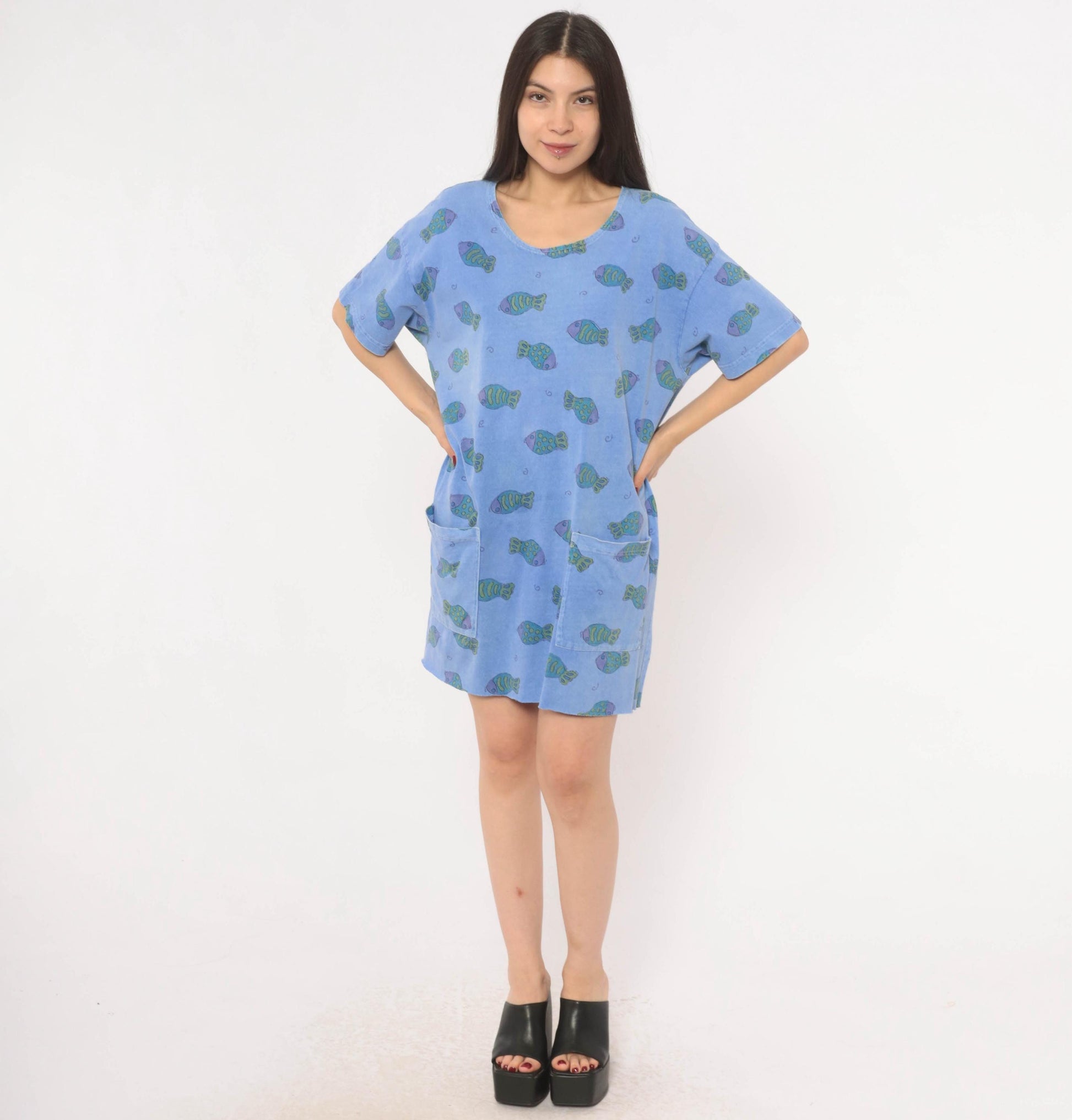 Fresh Produce Fish Print Tunic Dress Periwinkle Cotton Scoop Neck Small