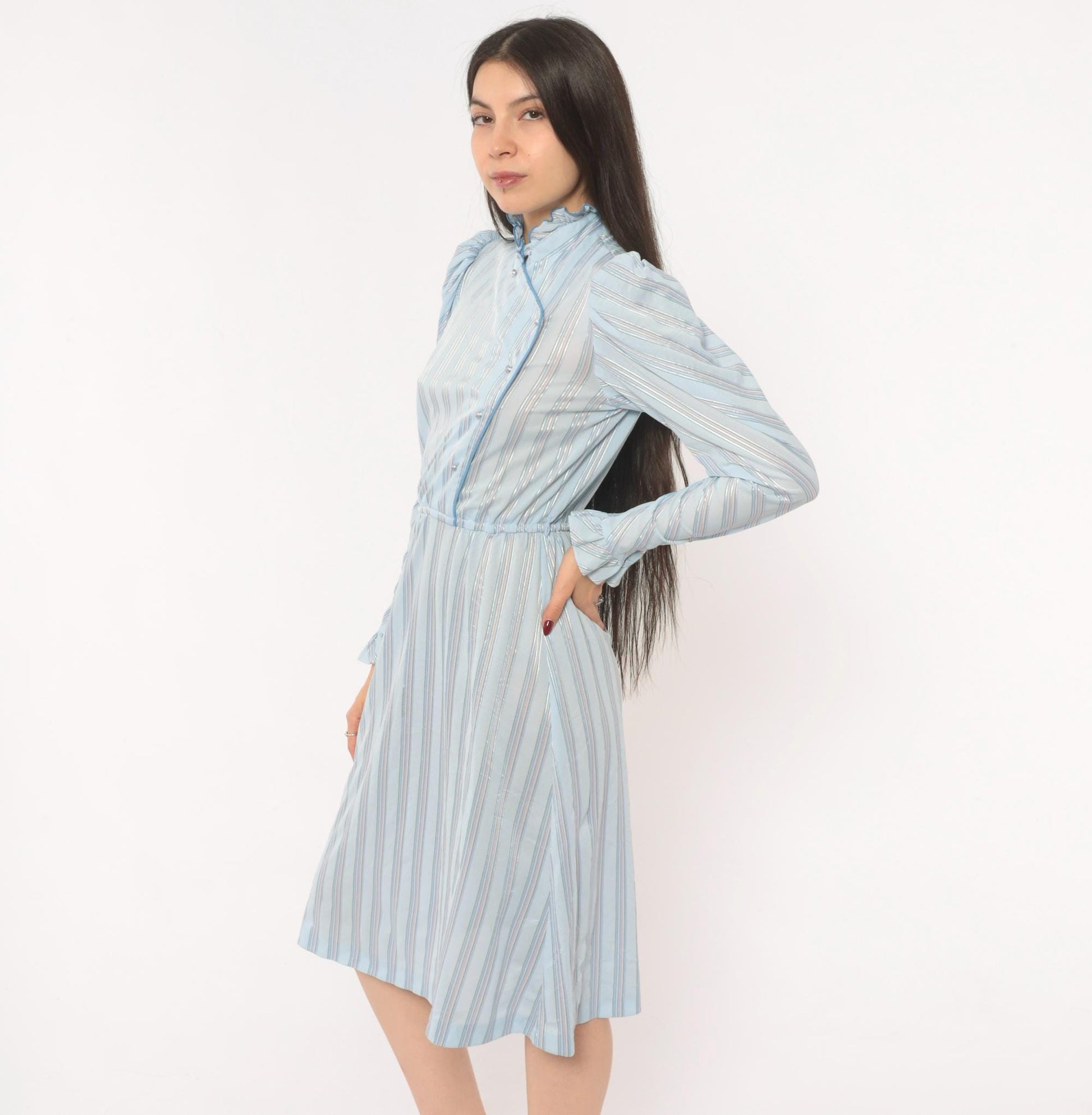80s Jerri Gee Striped Puff Sleeve Dress Pearl Buttons Ruffled Collar Sky Blue Small