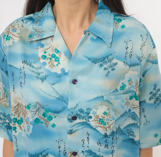90s Mark Raysten Camp Collar Shirt Japanese Landscape Sky Blue Large L