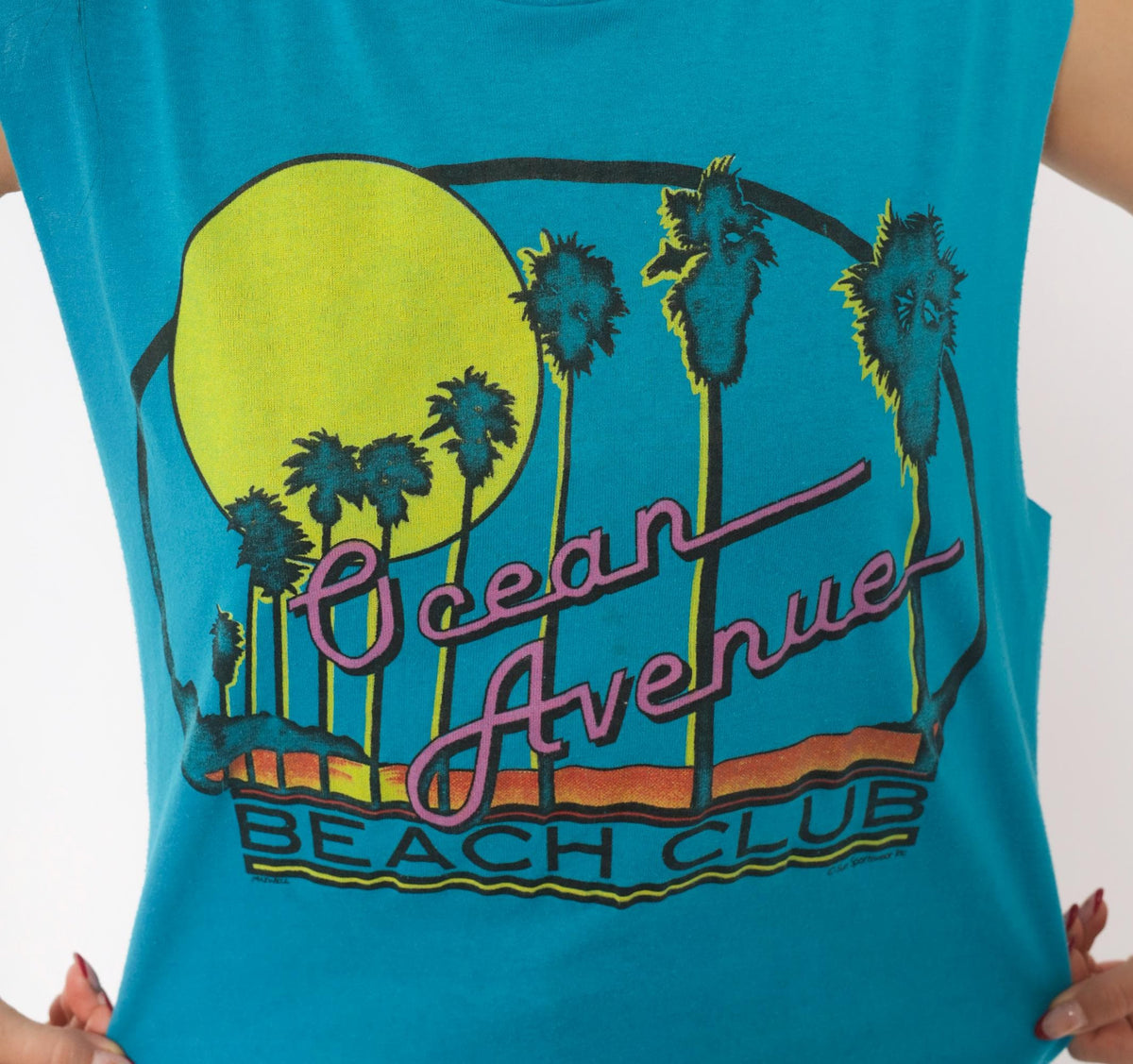 80s Chemise D'Sol Ocean Avenue Beach Club Teal Graphic Tee Palm Tree Sunset Small