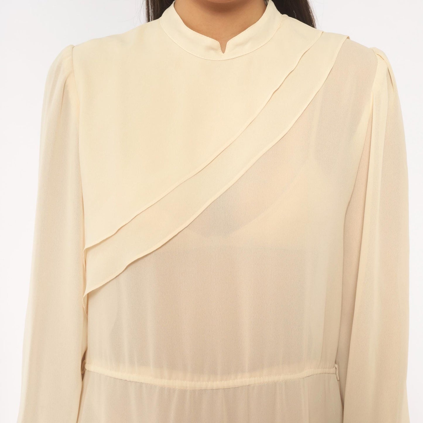 70s Jimmy Los Angeles Cream Chiffon Midi Dress Mandarin Collar Medium M