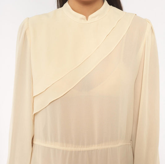 70s Jimmy Los Angeles Cream Chiffon Midi Dress Mandarin Collar Medium M