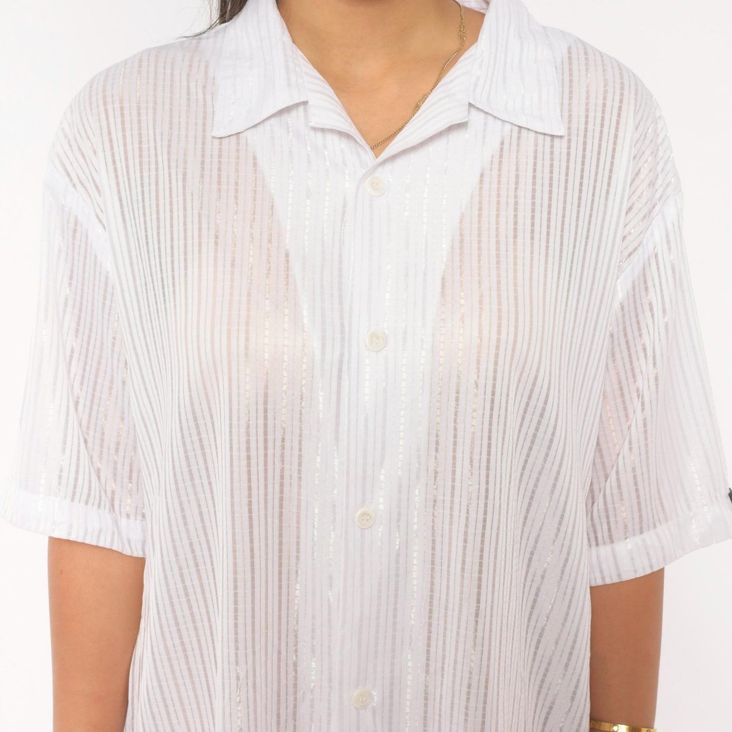 Y2K Solo White Striped Camp Collar Shirt Short Sleeve Plus Size 2X