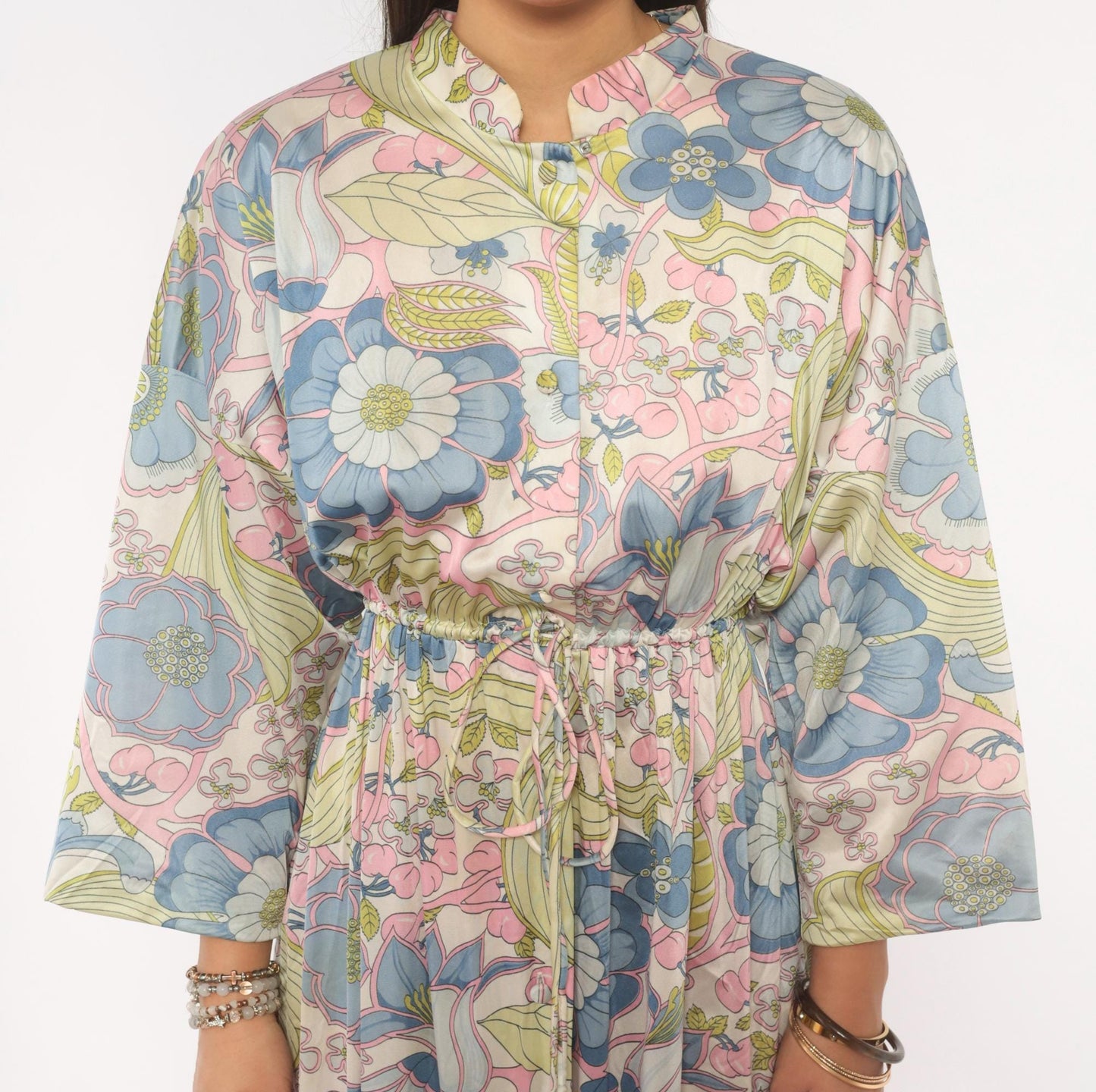 70s Vanity Fair Psychedelic Floral Maxi Dress Nylon Kimono Sleeve Medium