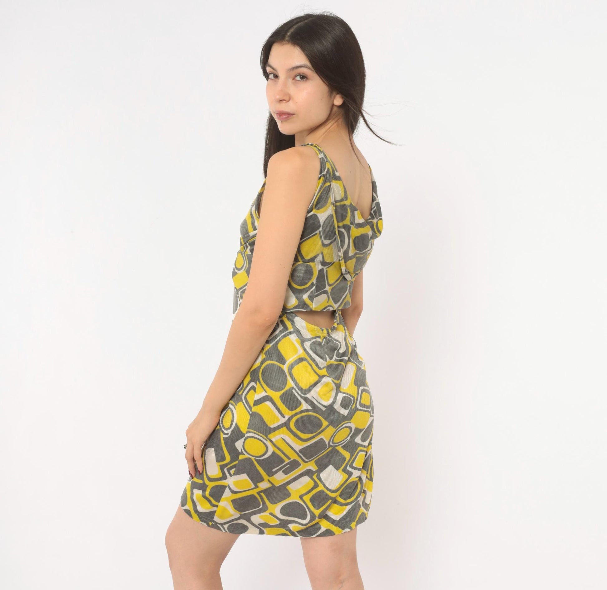 1960s Space Age Mod Mini Dress Yellow Grey Geometric Print Tie Waist Extra Small XS