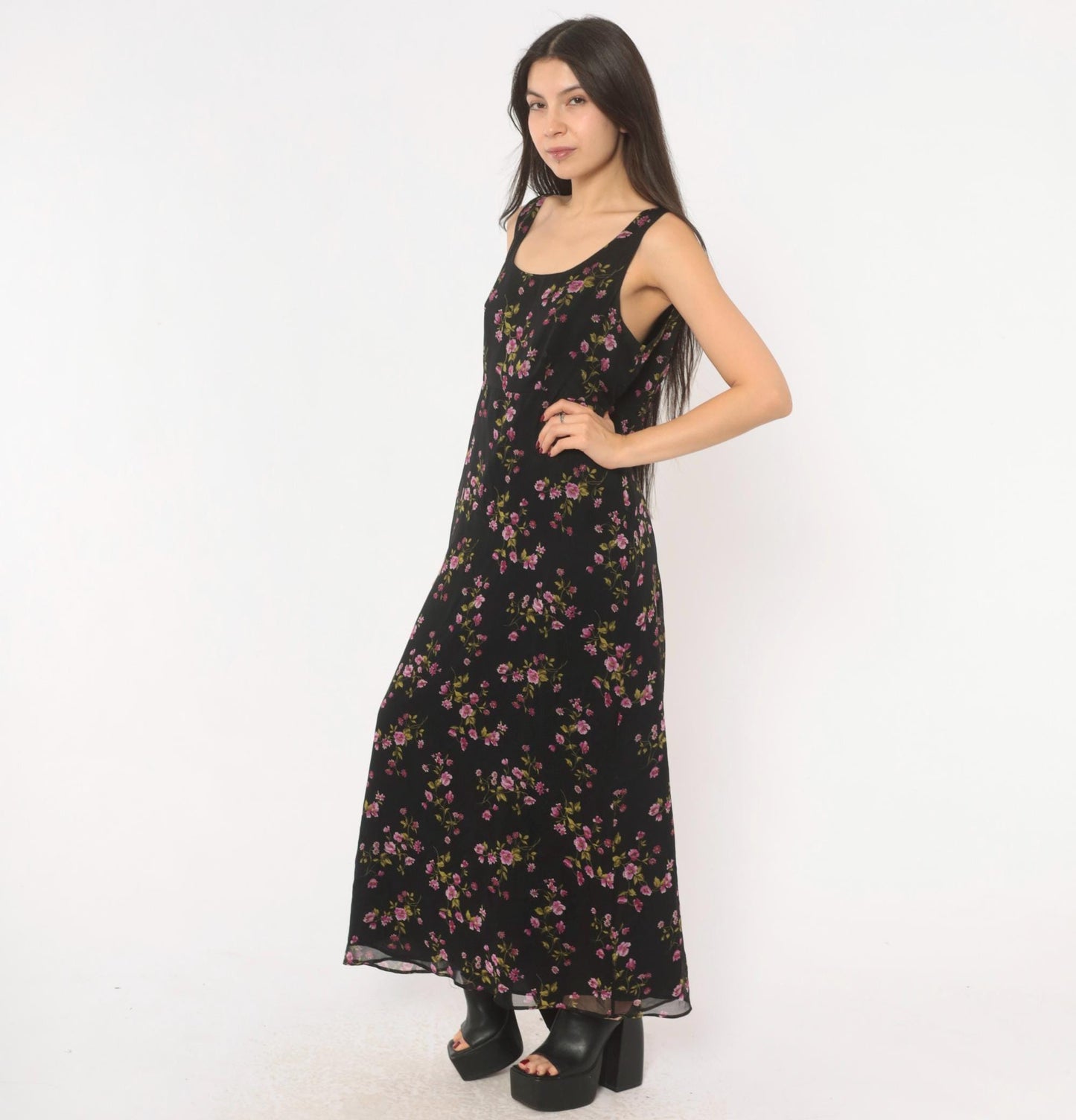 90s Robbie Bee Black Floral Silk Maxi Dress Purple Pink Scoop Neck Medium