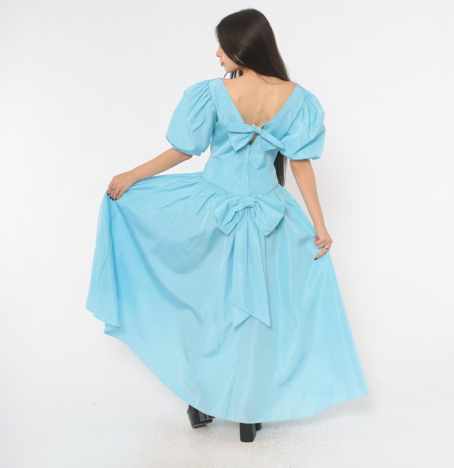 80s Sky Blue Puff Sleeve Gown Sweetheart Neckline Bow Back Maxi Medium M