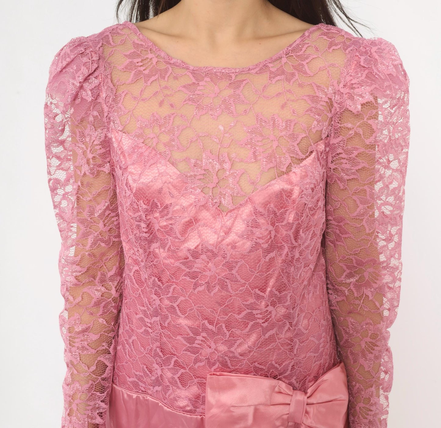 80s Pink Lace Satin Dress Puff Sleeve Bow Tiered Tulip Skirt Large L