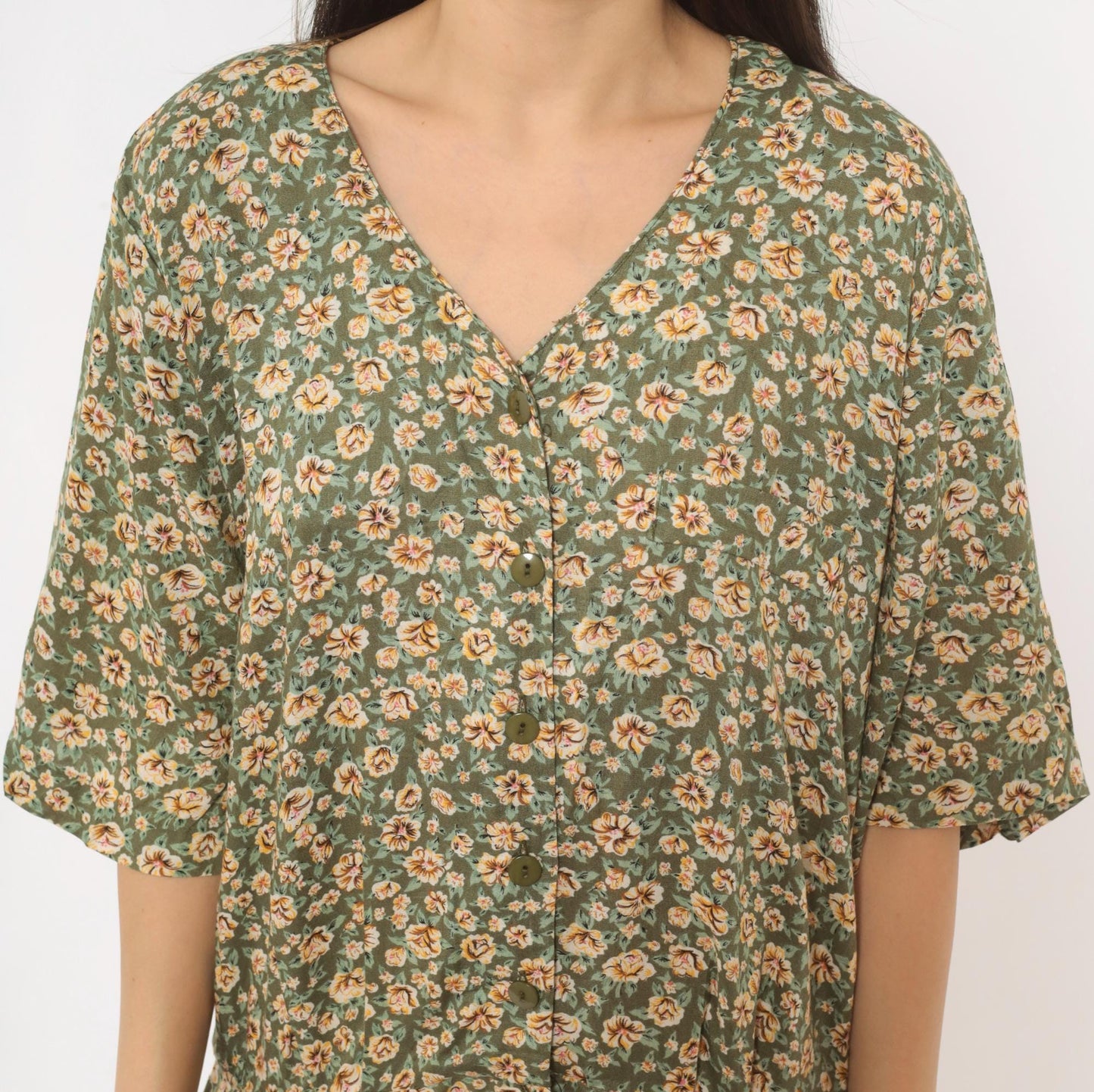 90s Westport Ltd. Floral Midi Romper Button Front Calico Print Olive Cream Extra Large XXL