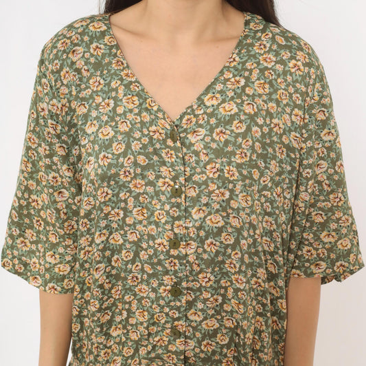 90s Westport Ltd. Floral Midi Romper Button Front Calico Print Olive Cream Extra Large XXL