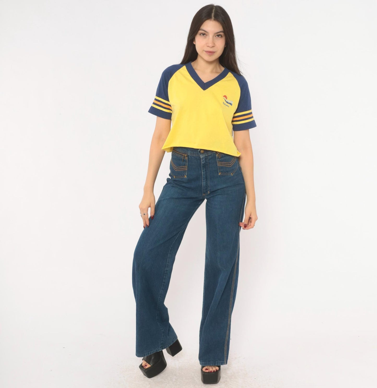 80s Windswept Bahamas Raglan Crop Top Yellow Navy Striped Small