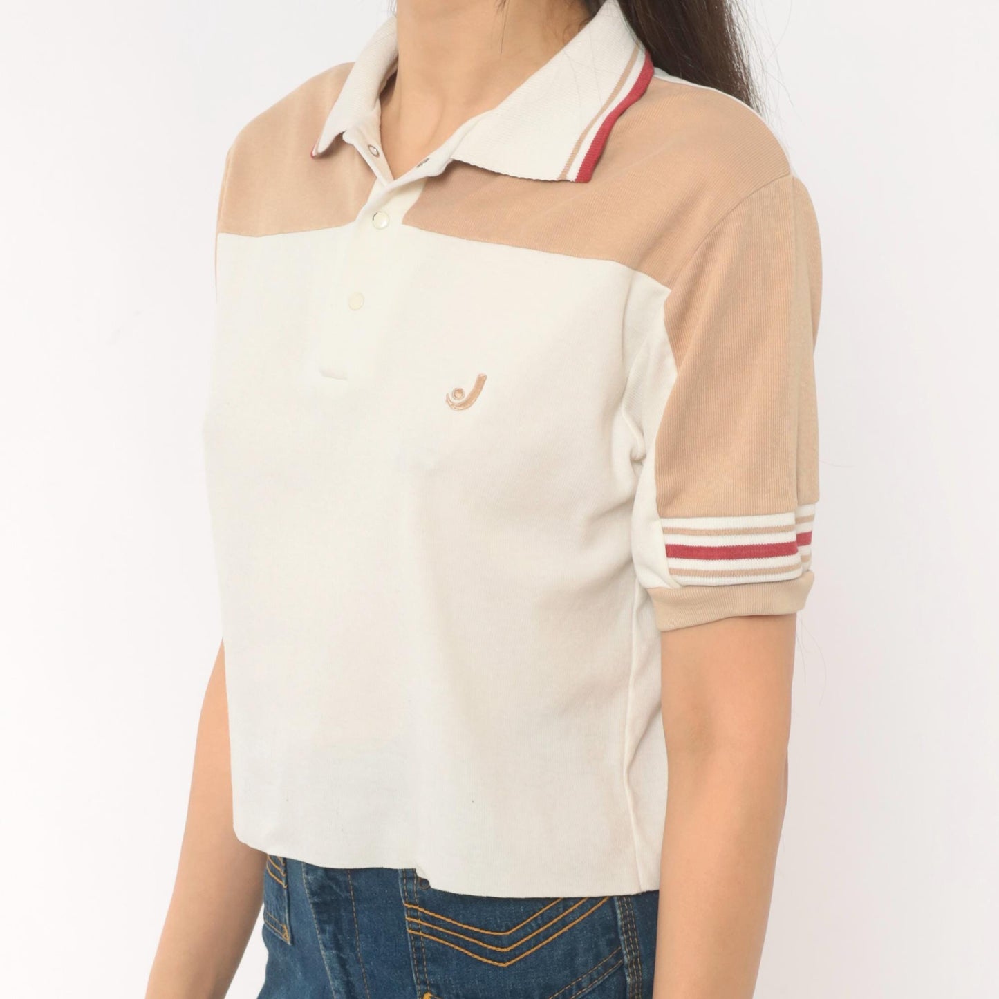 80s Jantzen Polo Cream Tan Color Block Snap Button Knit Top Small S
