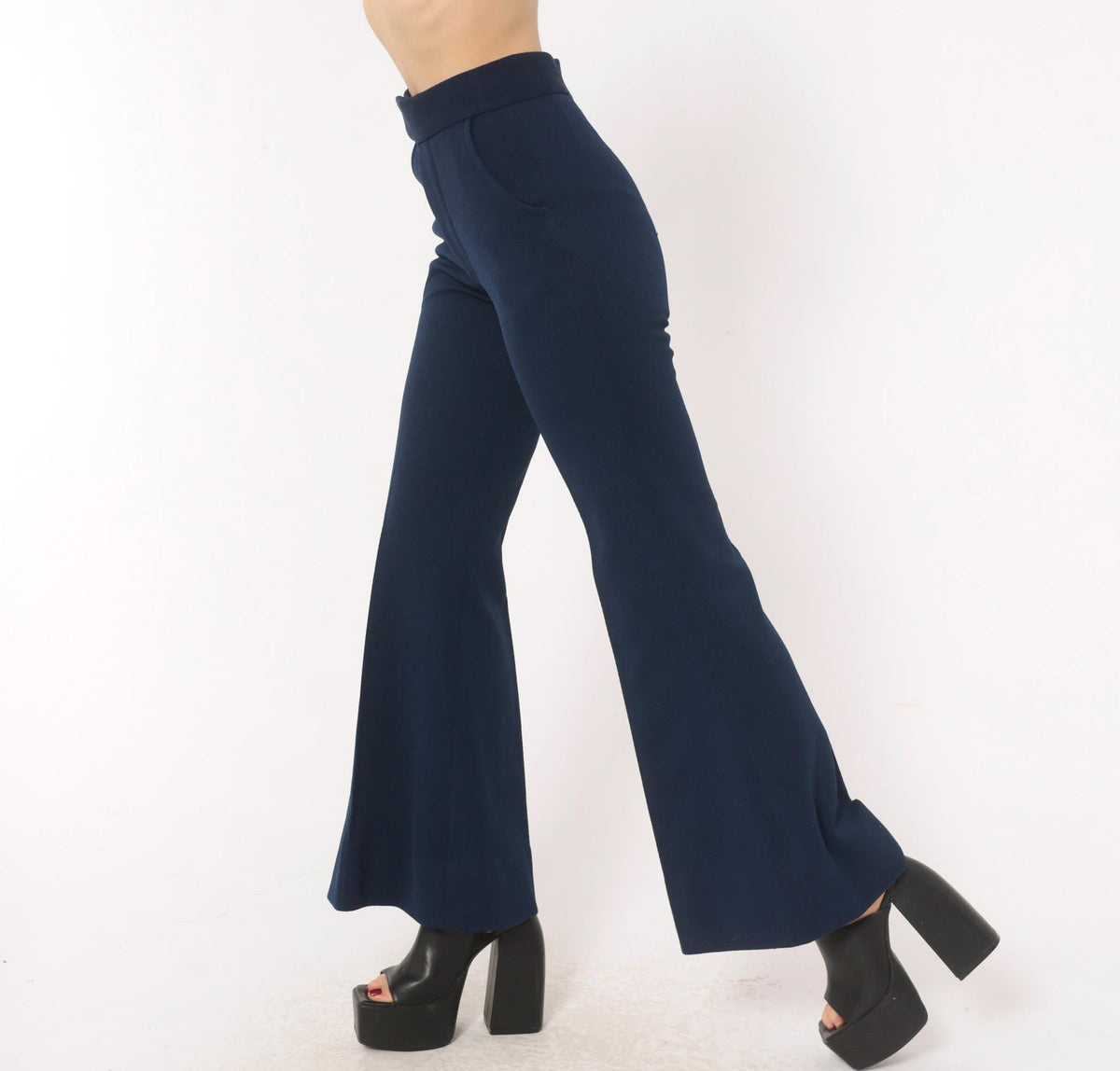 70s Oaxx Navy Bell Bottom Flare Pants High Waist Fitted Hip Extra Small