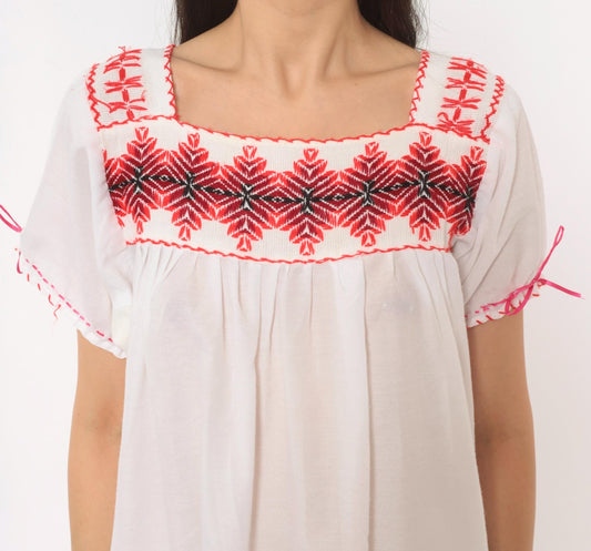 90s White Peasant Blouse Embroidered Red Cross Stitch Square Neck Puff Sleeve Medium