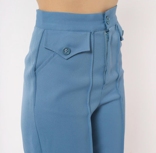 70s Steel Blue High Waisted Wide Leg Flare Trousers Cropped Ankle Extra Small XS