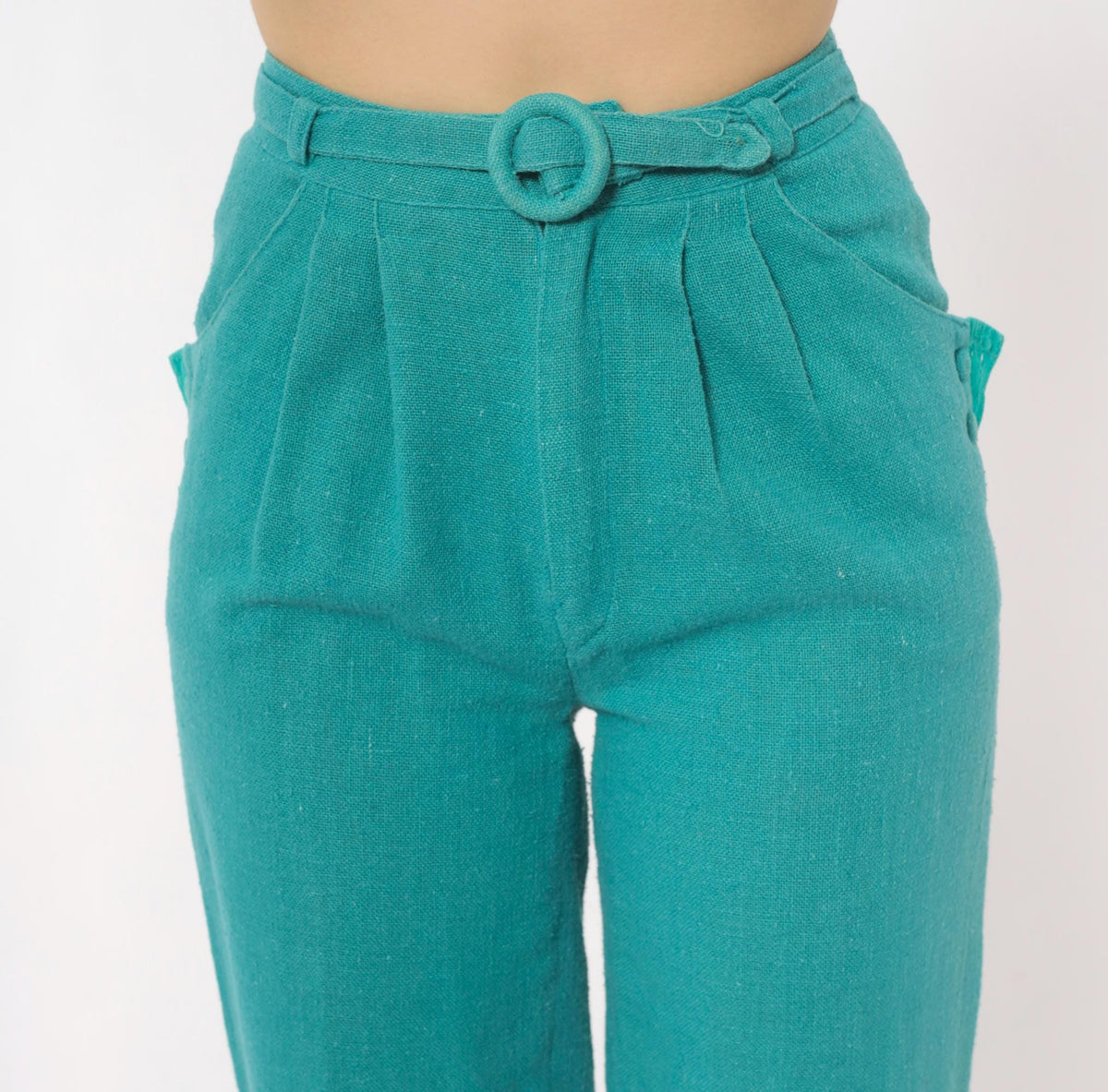 80s Teal High-Waist Pleated Tapered Trousers Eyelet Pockets Extra Small XS