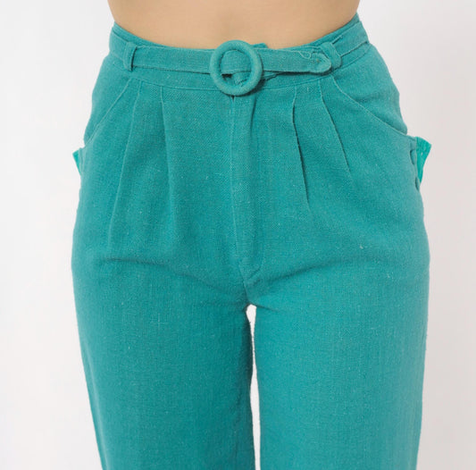 80s Teal High-Waist Pleated Tapered Trousers Eyelet Pockets Extra Small XS