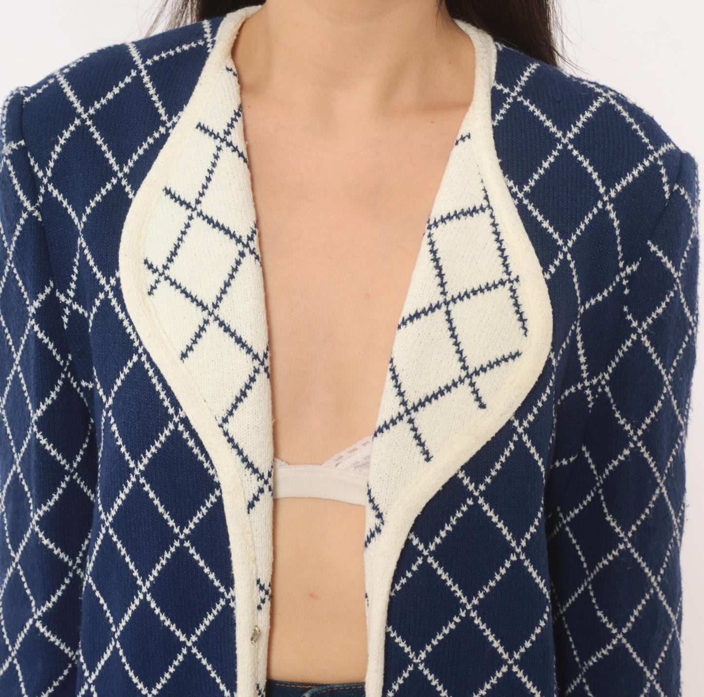 80s Castleberry Navy Diamond Knit Blazer White Trim Collarless Small