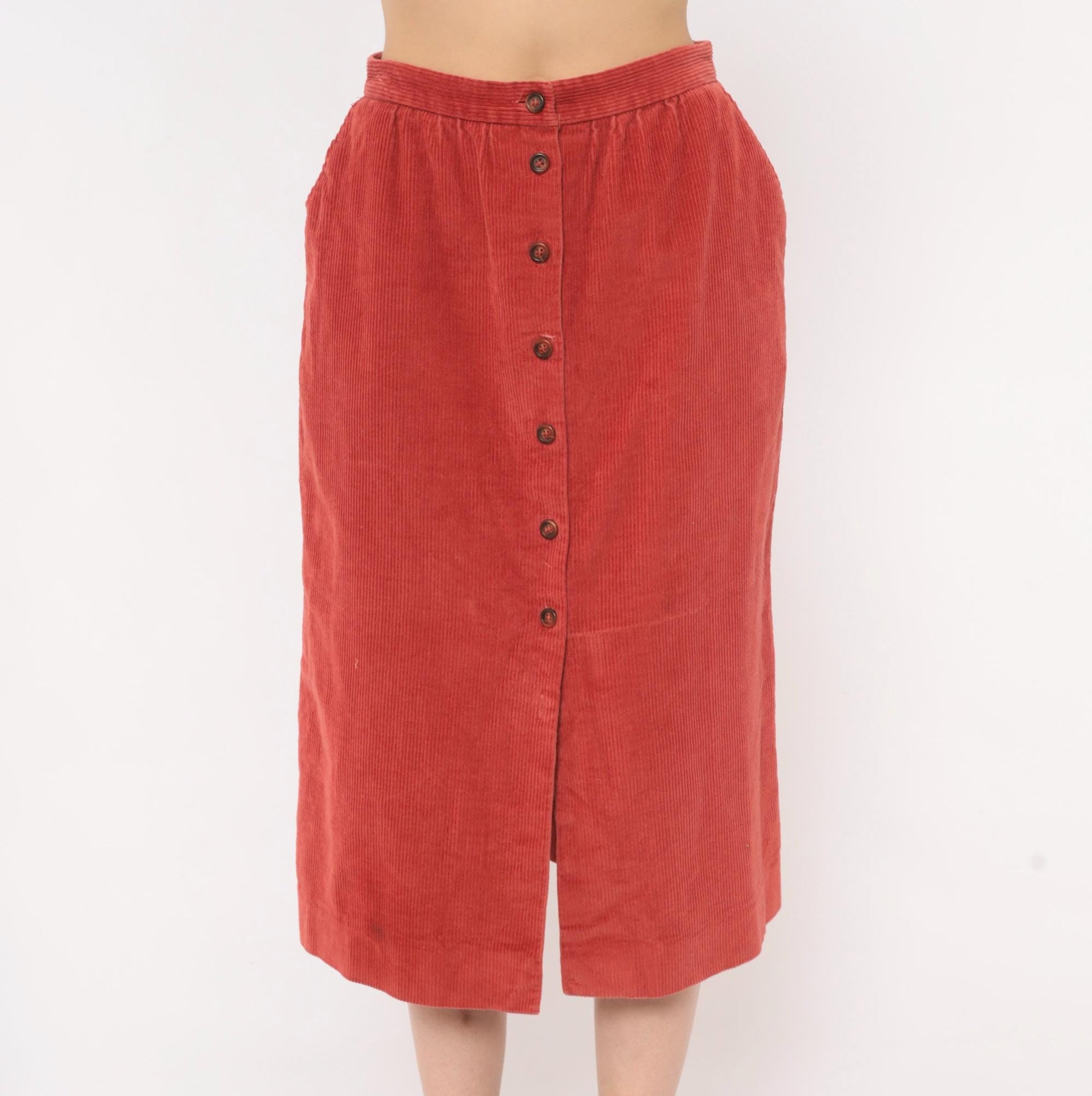 80s The Lilly Corduroy Midi Skirt Button Front A-Line Rust Small S