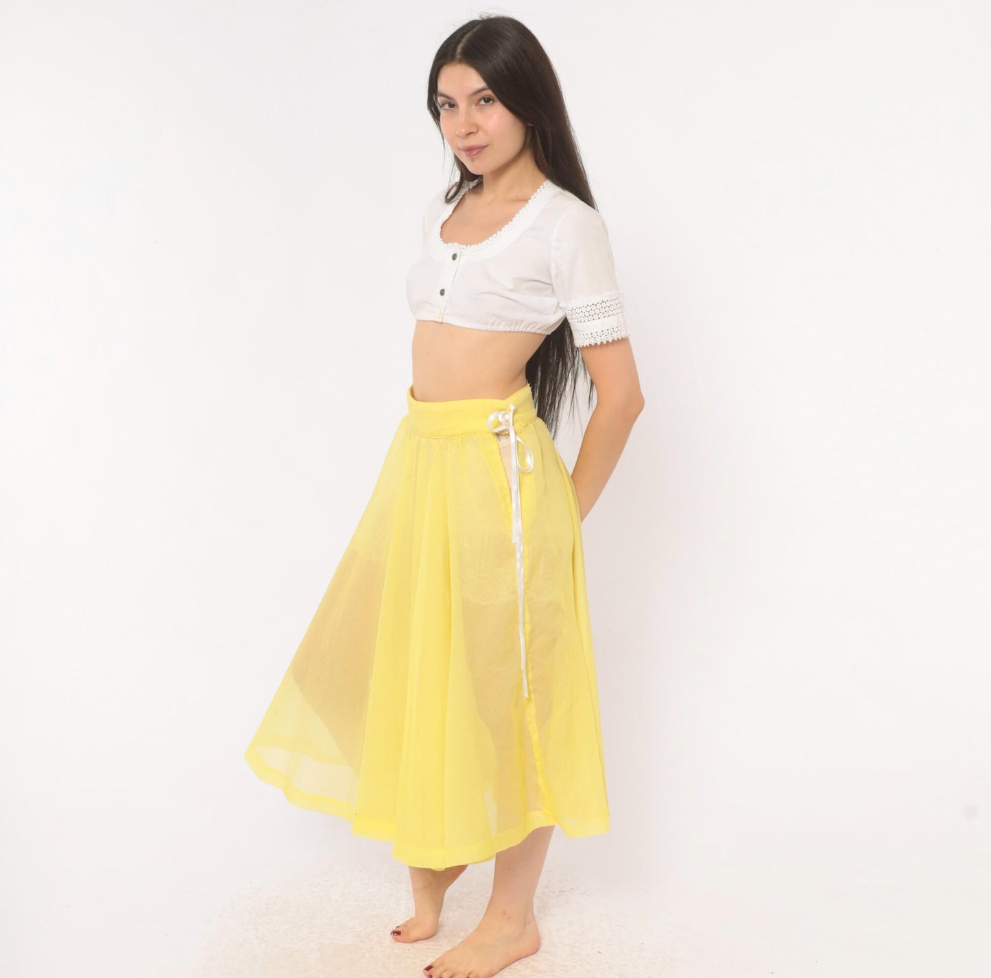 80s Yellow Sheer Circle Skirt Midi Ribbon Tie Lemon Chiffon Small
