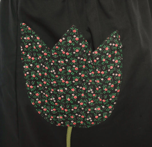 70s Black Floral Midi Skirt Tulip Pocket Patchwork A-Line Small