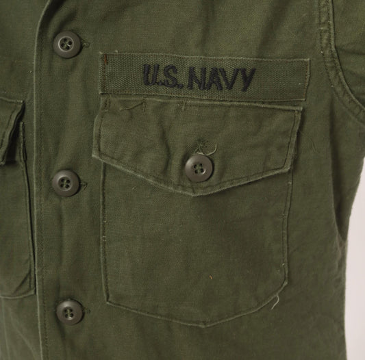 80s U.S. Navy Utility Shirt Olive Drab Cotton Military Field Top Medium